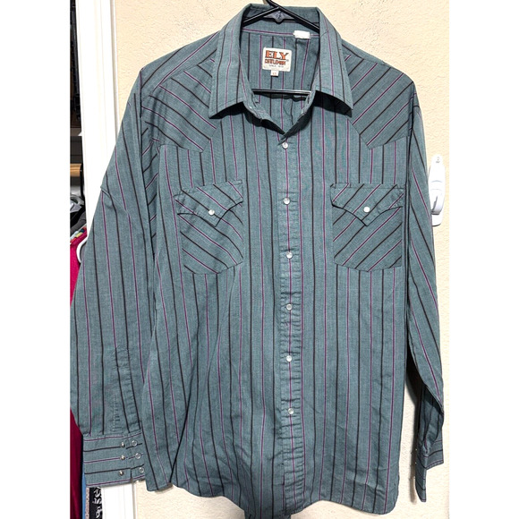 Vintage Ely Cattleman Western Pearl Snap Up Shirt Mens XL green stripe 80s Rodeo - Picture 1 of 5